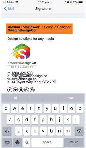 Animated demonstration of shaking an iPhone to undo signature formatting changes in Apple Mail