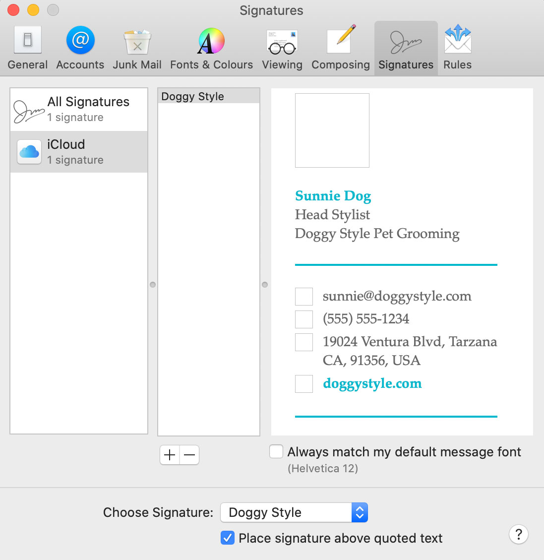 Screenshot of Apple Mail MacOS Signature Modal