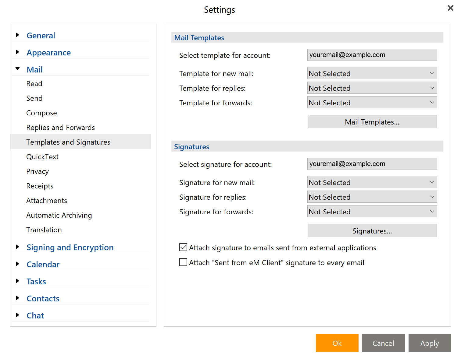 Screenshot of the eM Client**s settings modal