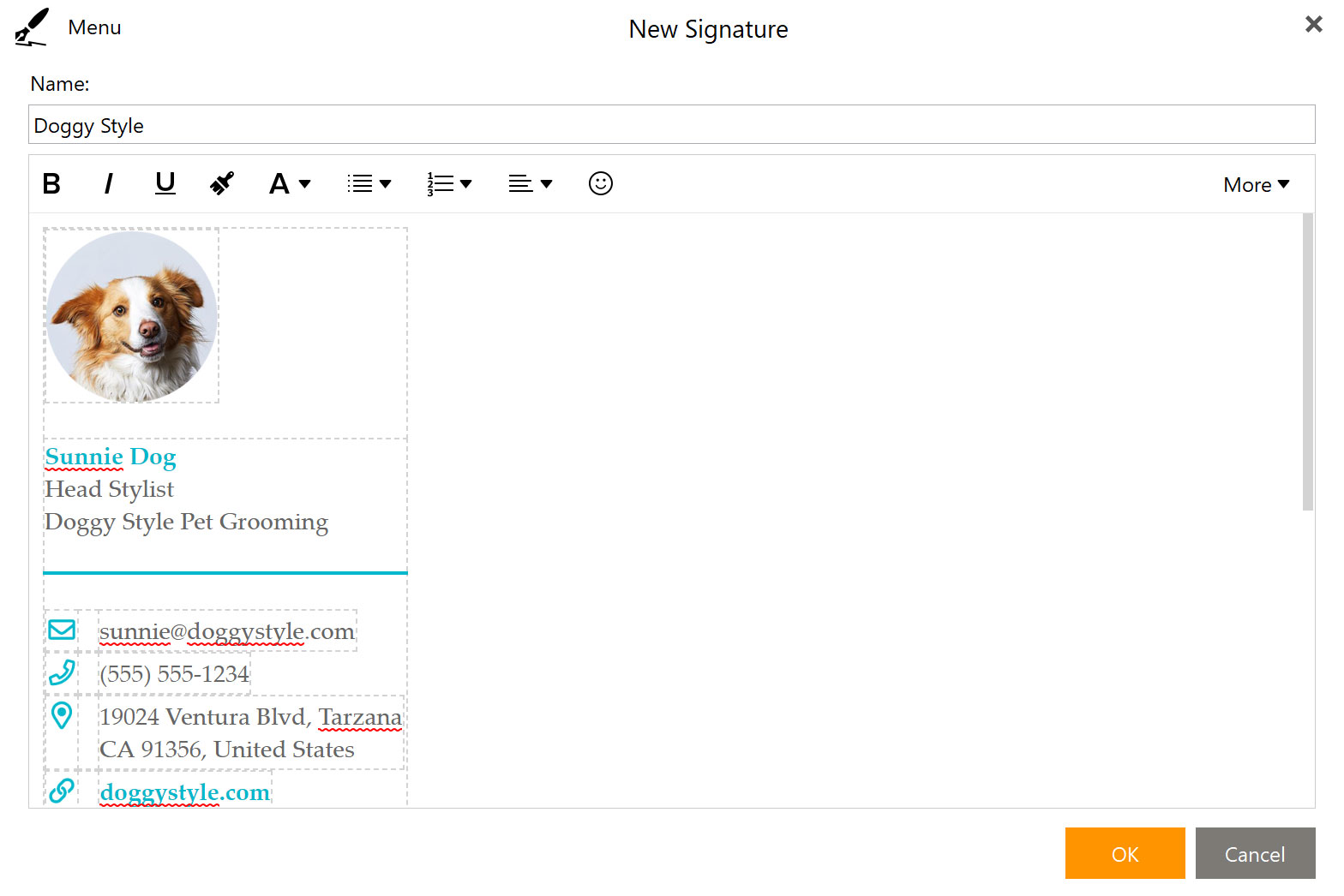 Screenshot of eM Client**s signature editor modal