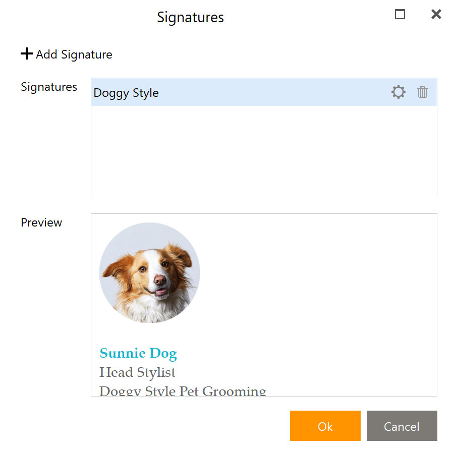 Screenshot of Em Client**s signature editor modal