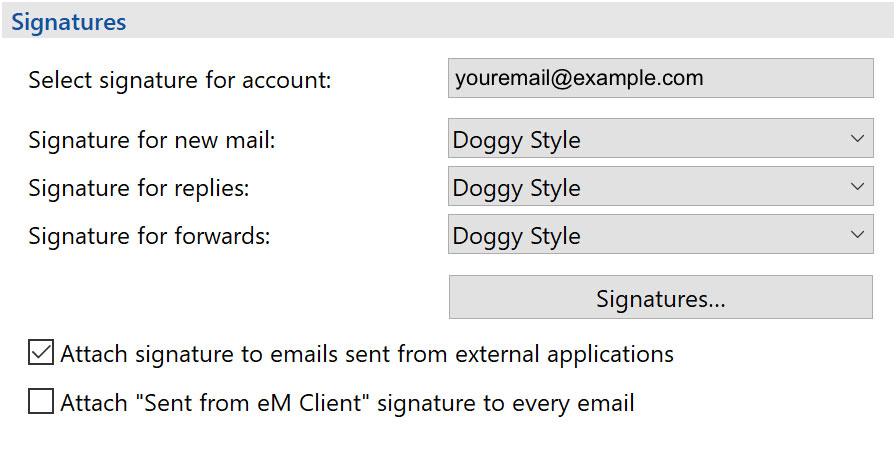 Screenshot of eM Client**s vital signature settings