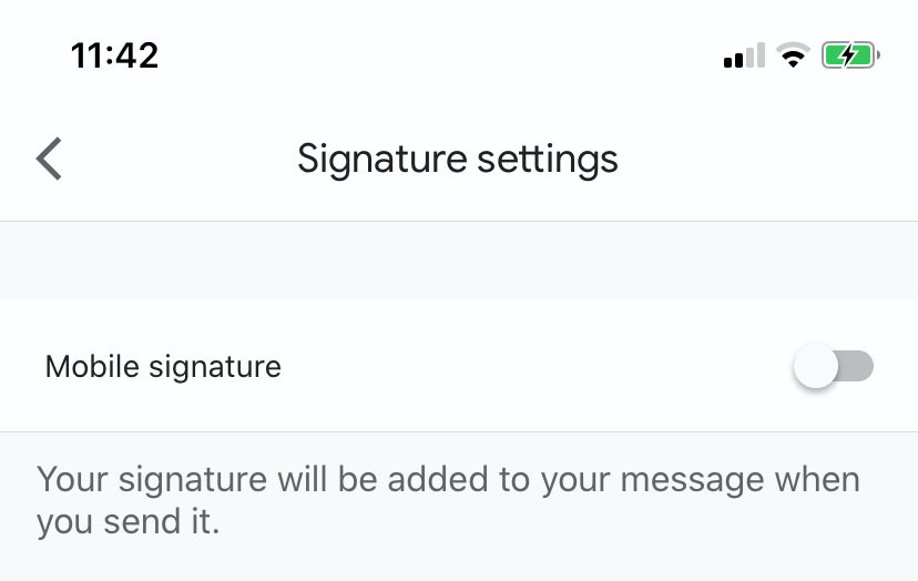 Screenshot of Mobile Signature Setting in Gmail App