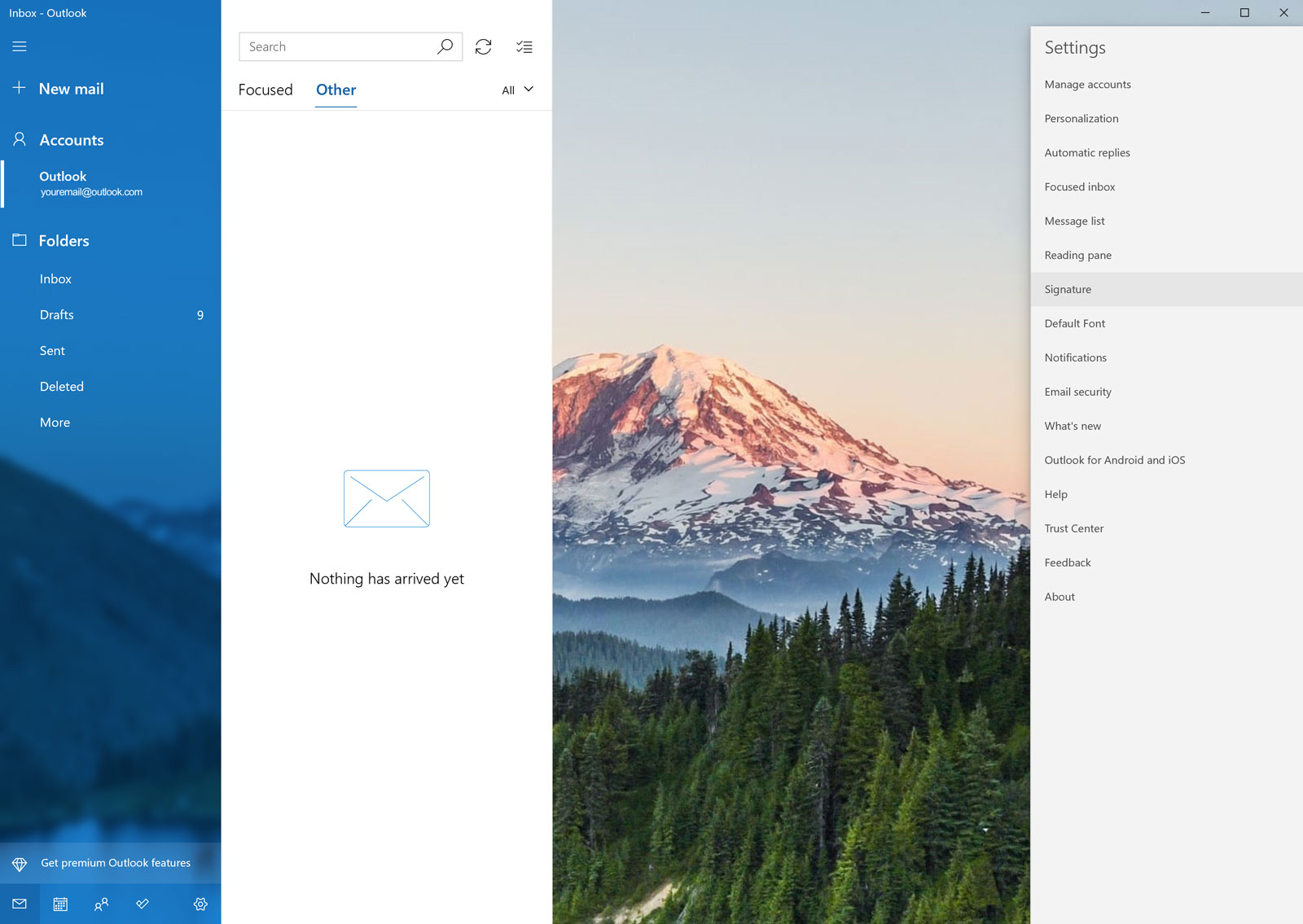 Screenshot of Windows 10 Mail Settings Drawer