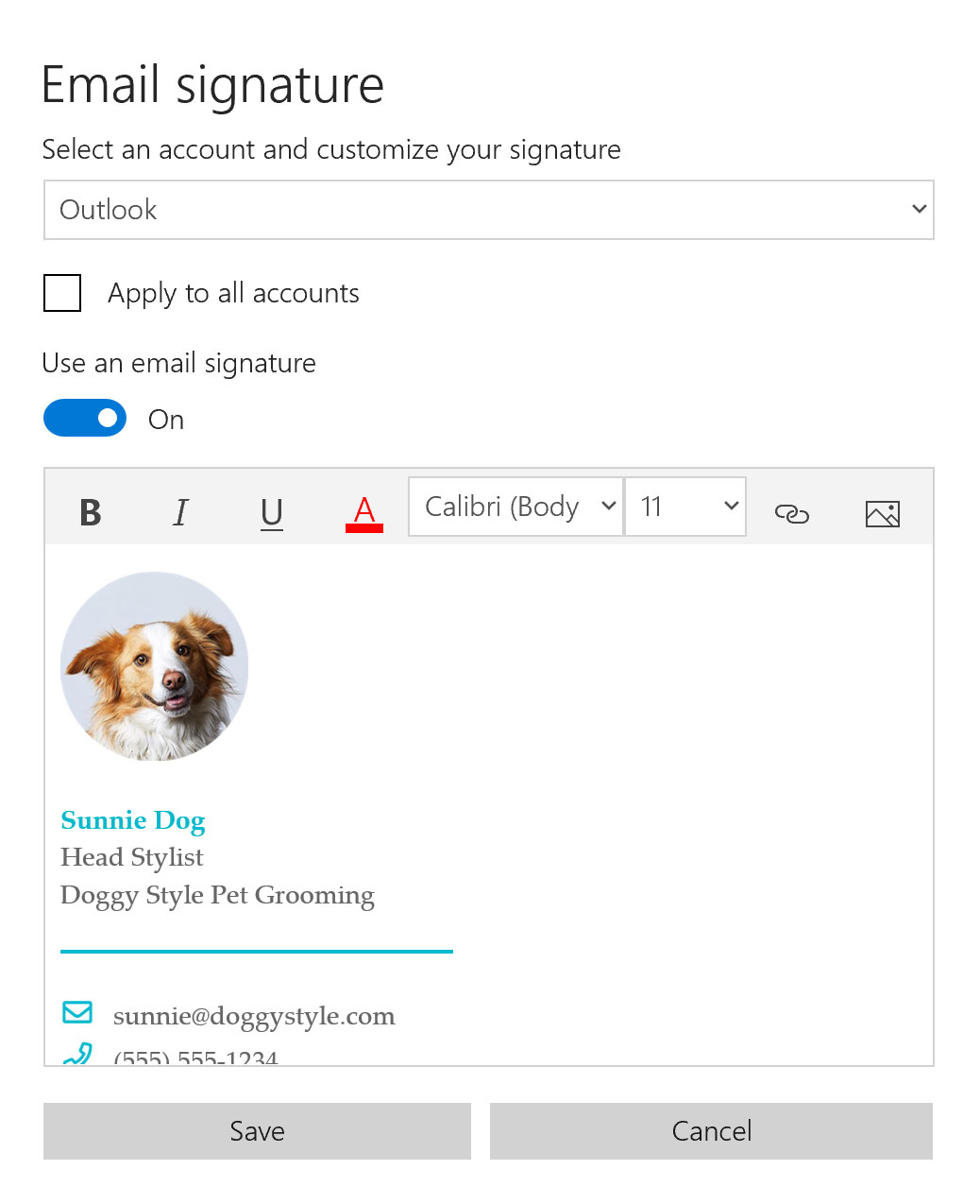 Screenshot of Windows 10 Mail Signature Settings Modal