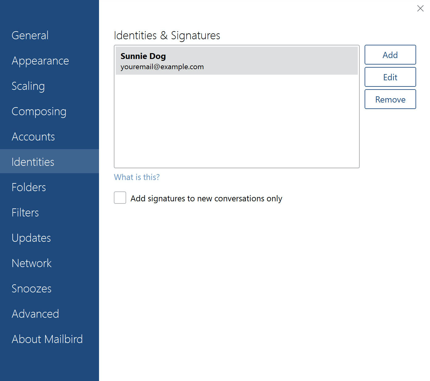 Screenshot of Settings modal in Mailbird