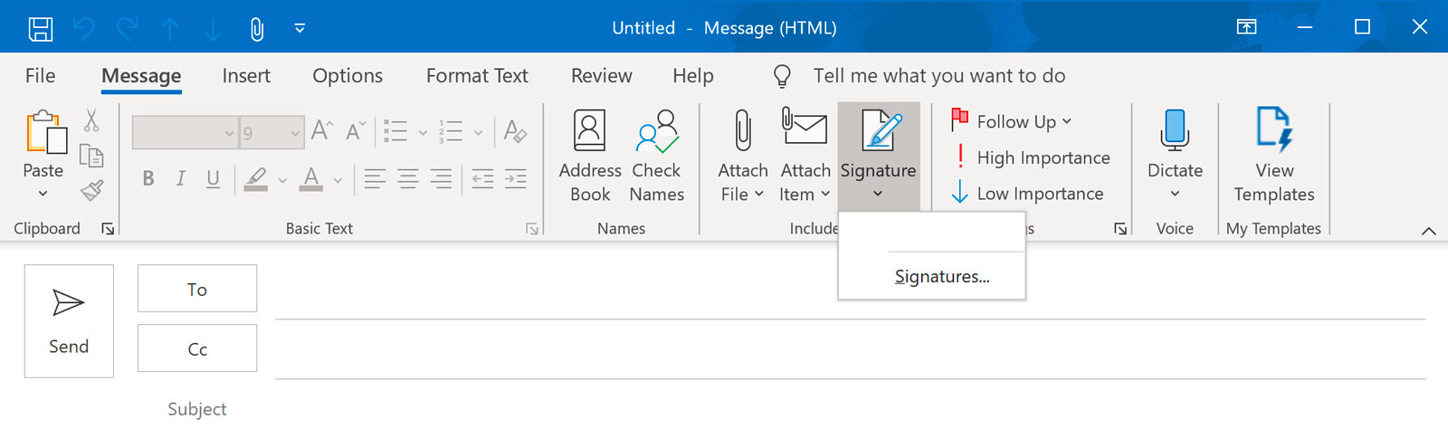 Screenshot of Outlook 2019 Email Composer