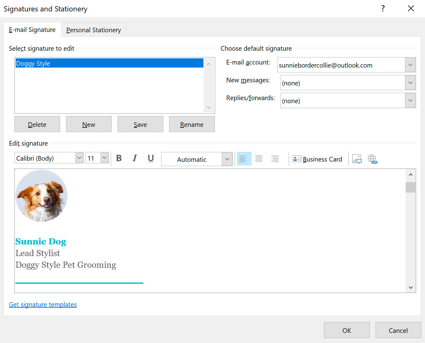 Screenshot of Outlook 2019 Signature Settings Modal