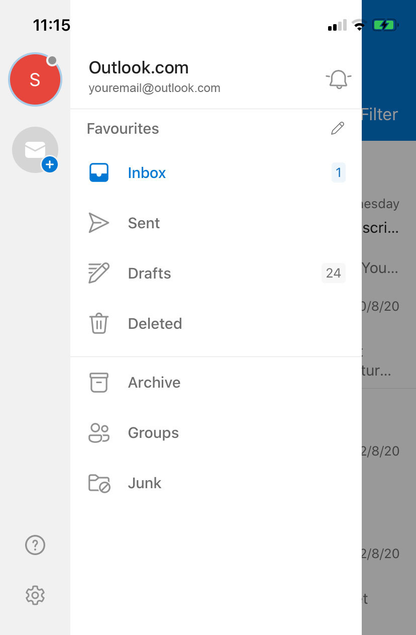 Screenshot of menu drawer in Outlook iOS