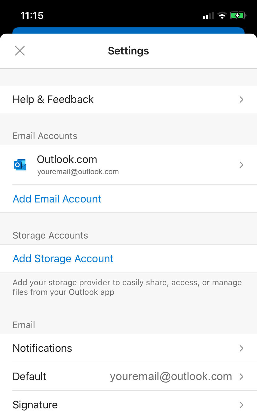 Screenshot of Mail Settings in Outlook iOS