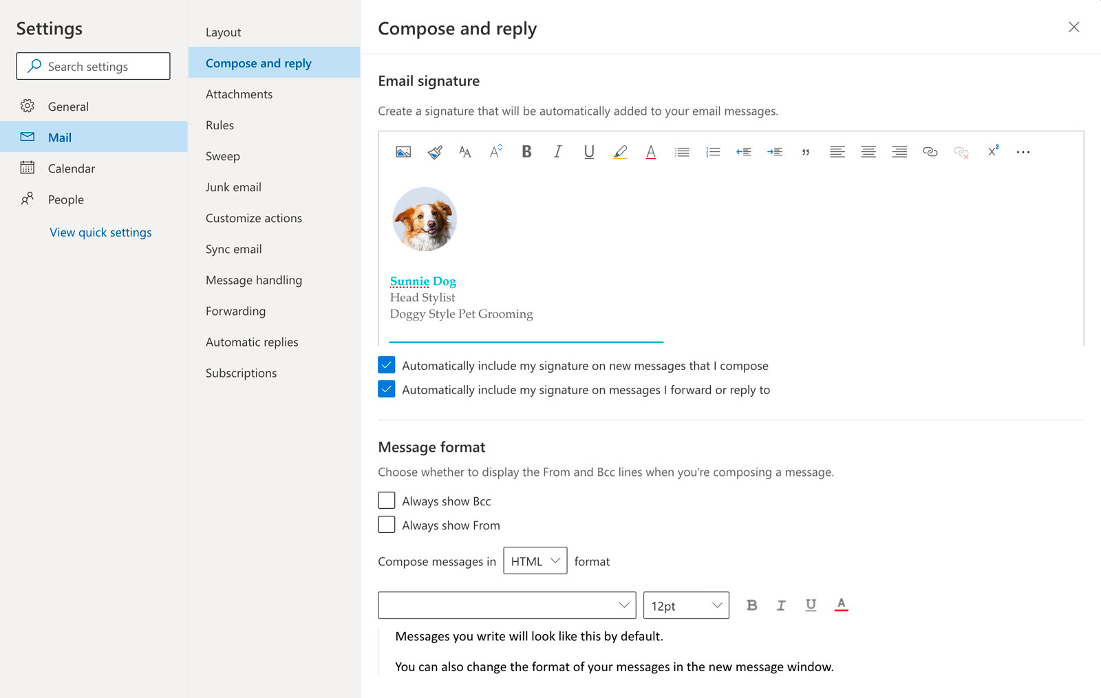 Screenshot of Outlook.com Web Mail Settings Screen